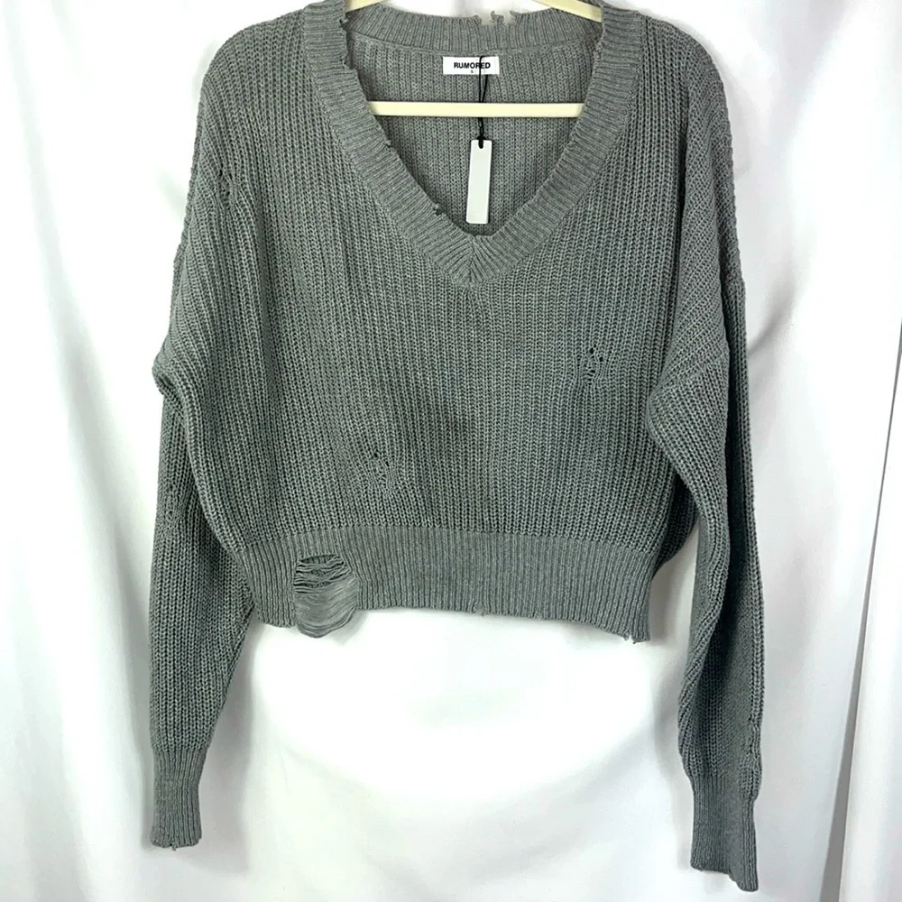 NWT Rumored distressed oversized slouchy cropped popover vneck sweater Sz S